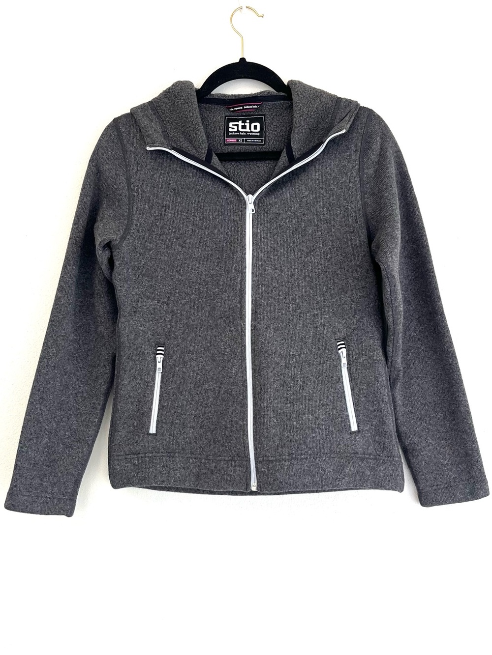 Stio Women’s Sweetwater Fleece Full Zip Hooded Jacket Charcoal EUC Pockets XS